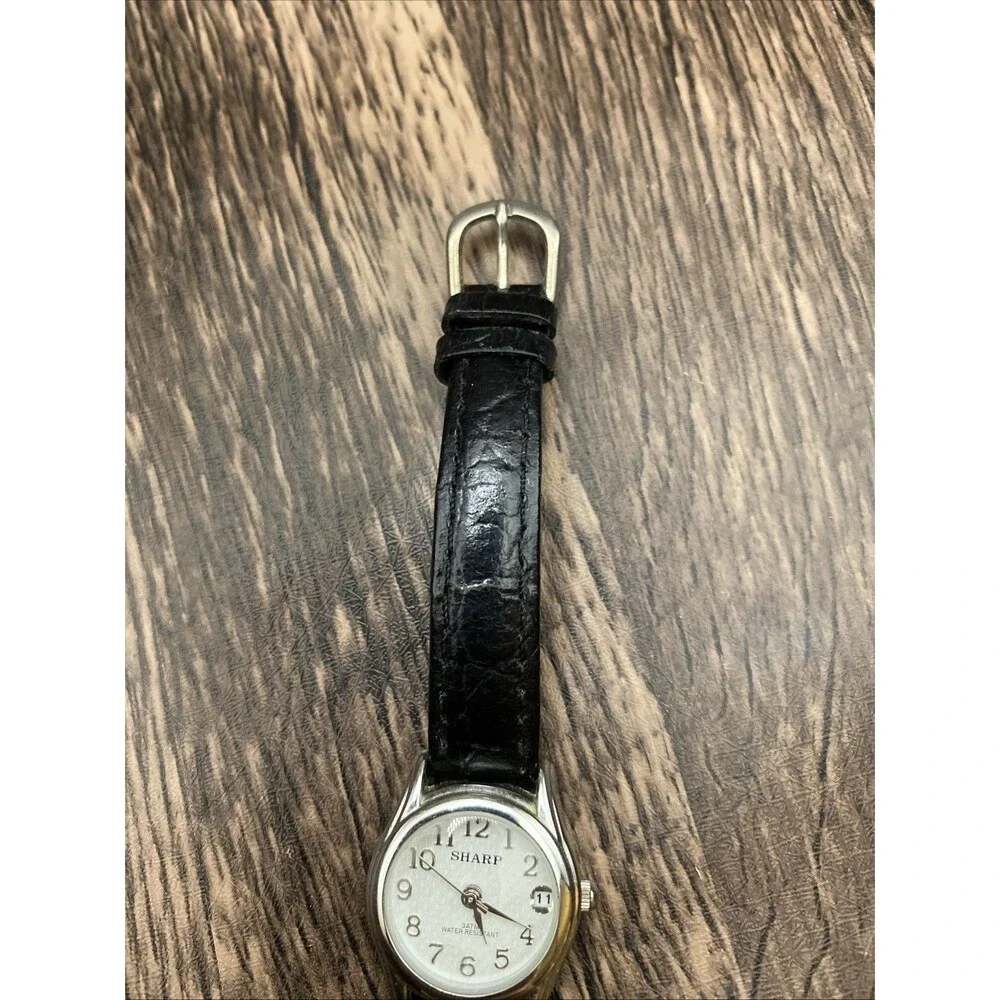 Vintage Sharp Womens Watch 24 mm Black Leather Quartz Easy Read With Date